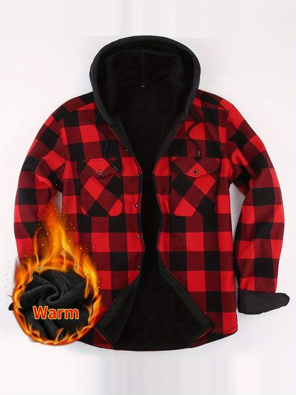 Giacca-camicia da uomo a quadri con cappuccio, imbottita e calda