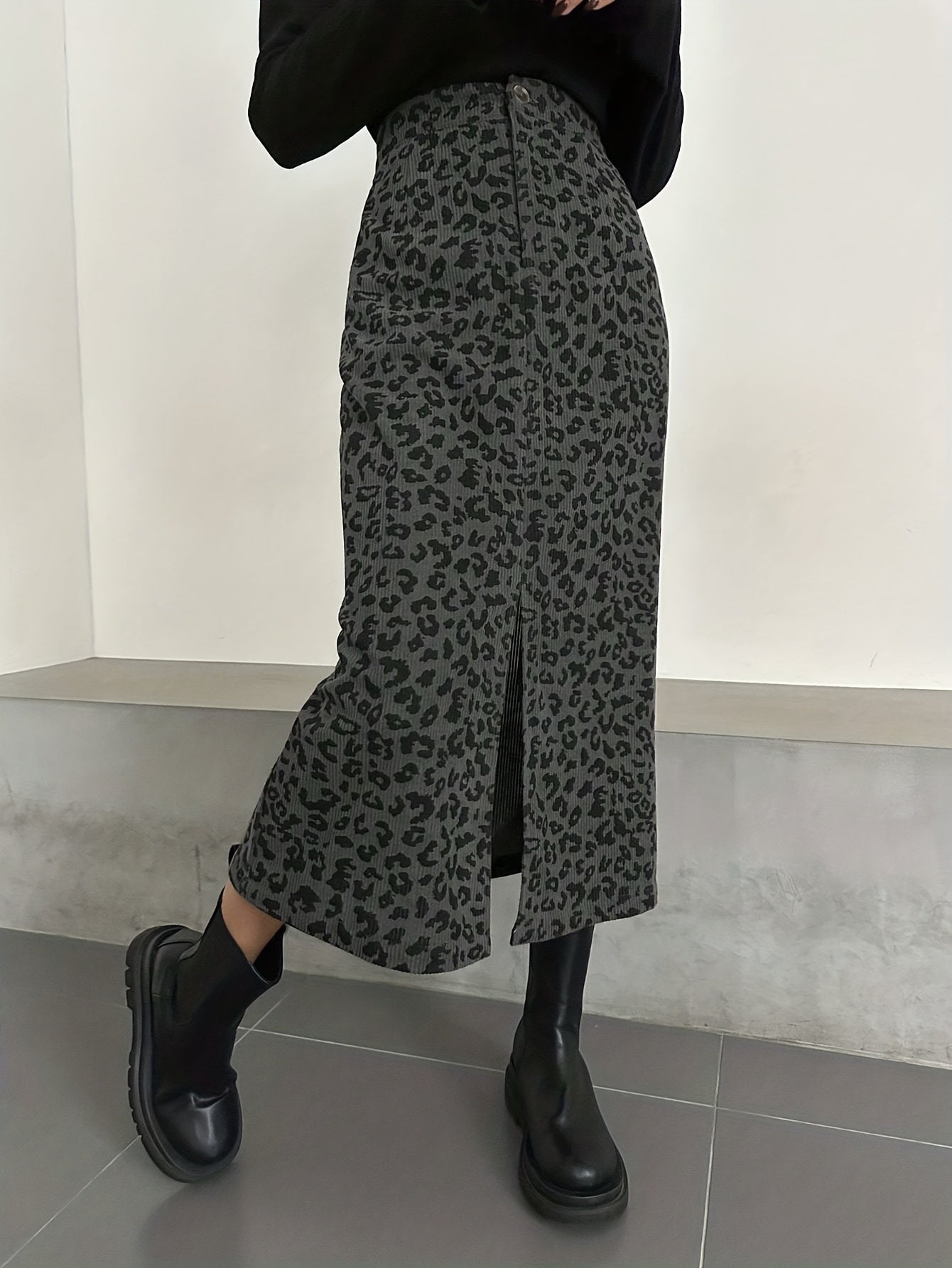 Gonna midi da donna con motivo leopardato e spacco