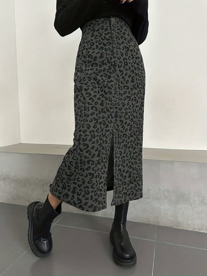 Gonna midi da donna con motivo leopardato e spacco