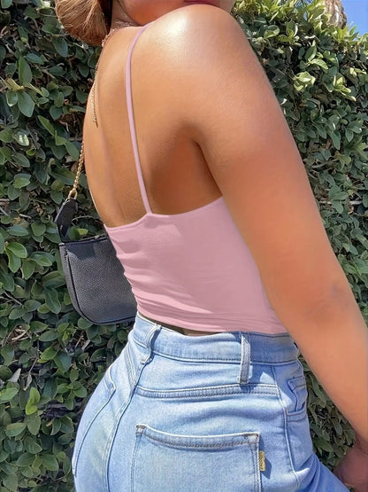 Top court femme avec nœud à l'avant et découpe – Top à bretelles spaghetti tendance pour le quotidien et les sorties