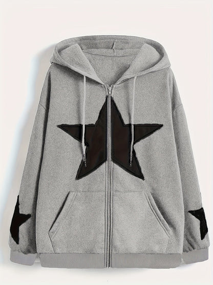 Kapuzenjacke mit Reißverschluss und Sternapplikationen – Lässiger Unisex Hoodie