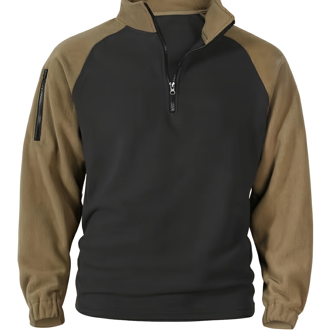Pullover in pile da uomo, maniche raglan, chiusura a un quarto con zip, grigio scuro e marrone