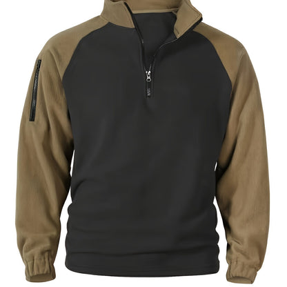 Pullover in pile da uomo, maniche raglan, chiusura a un quarto con zip, grigio scuro e marrone