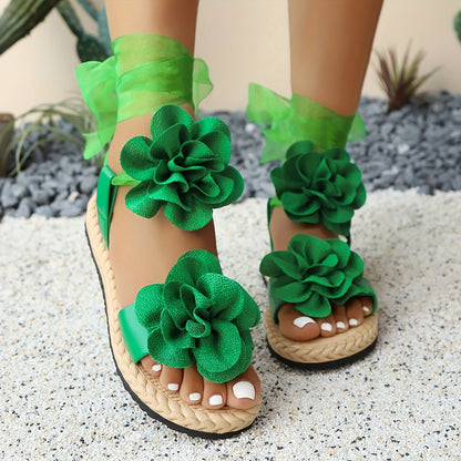 Sandalias de mujer con adornos de flores y lazos – Estilo veraniego juguetón para ocasiones festivas