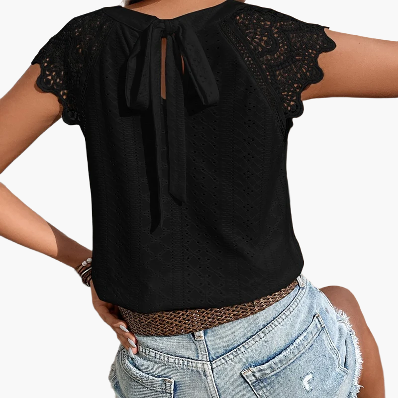 Damen Spitzenbluse mit Rückenschleife und Häkelärmeln – Sommer Casual Oberteil