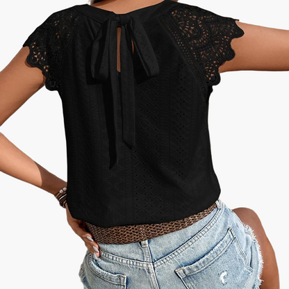 Damen Spitzenbluse mit Rückenschleife und Häkelärmeln – Sommer Casual Oberteil