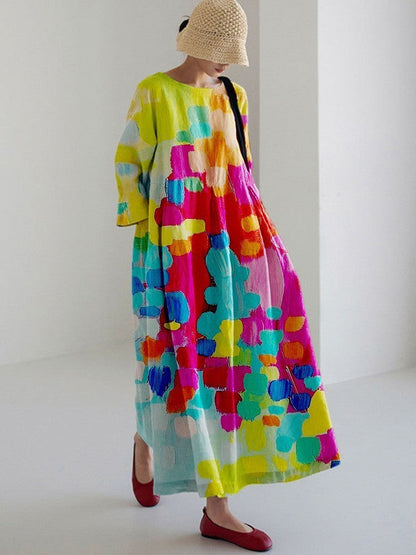 Damen Maxikleid Retro A-Linie mit großen Blumen – Sommerkleid im künstlerischen Vintage-Stil, Elegantes Freizeitkleid
