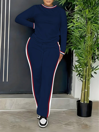 Damen Sportanzug Set Marineblau mit Streifen Langarm Oberteil und Hose
