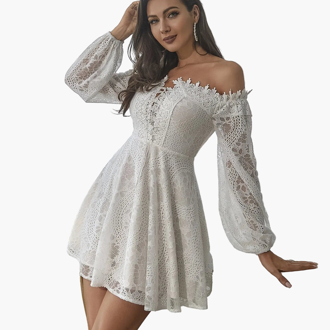 Dames Off-Shoulder kanten jurk elegant A-lijn lente- en zomerjurk feest cocktail