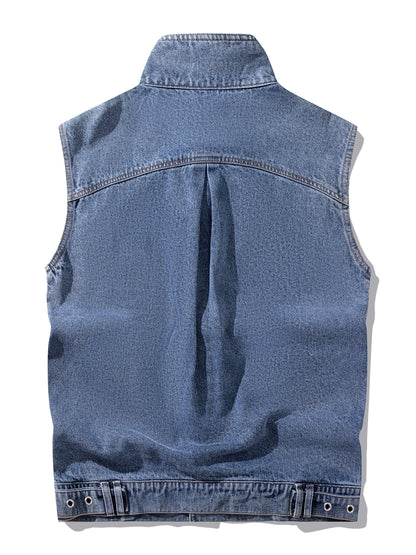 Herre jeansvest i avslappet stil – ermeløs fritidsvest med knappestolpe og krage