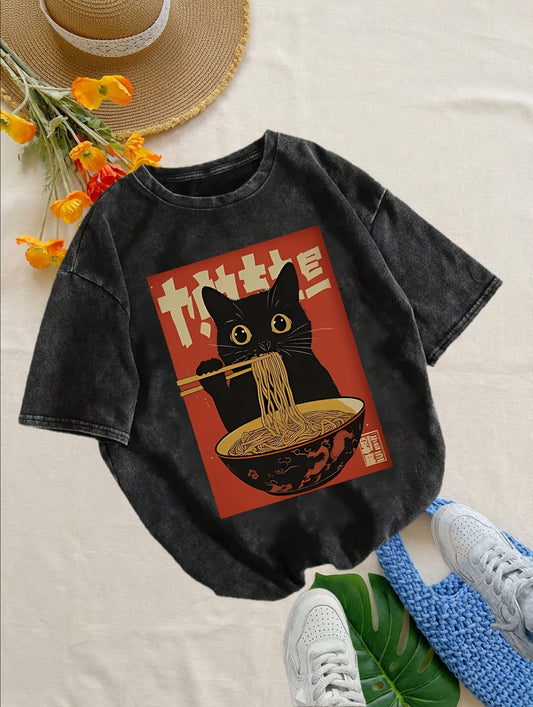 Dames vintage T-shirt met katten-ramenprint – grappig grafisch shirt voor vrije tijd en dagelijks gebruik