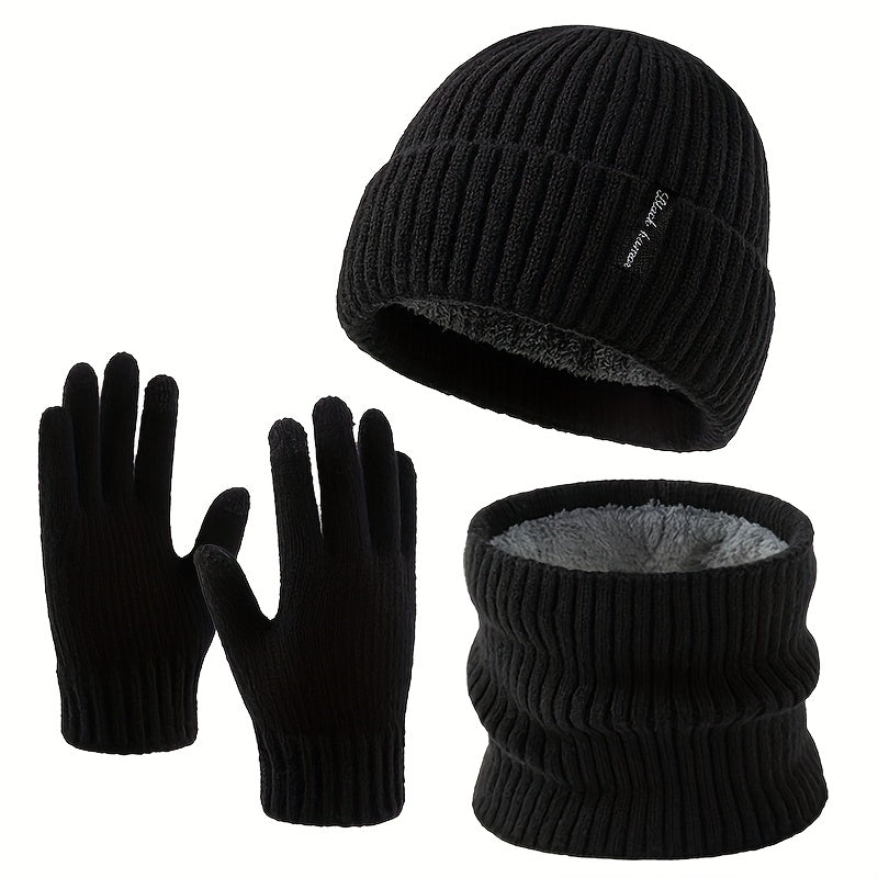 Winterset muts sjaal handschoenen ribbreisel fleecevoering, zwart