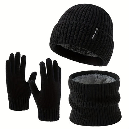 Winterset muts sjaal handschoenen ribbreisel fleecevoering, zwart