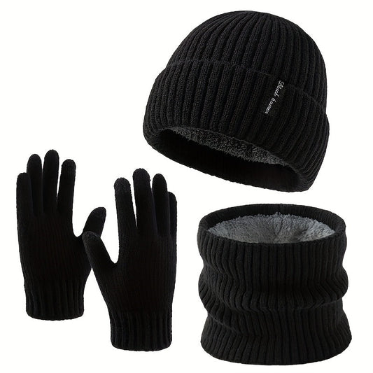Winter Set Mütze Schal Handschuhe Rippstrick Fleecefutter, Schwarz
