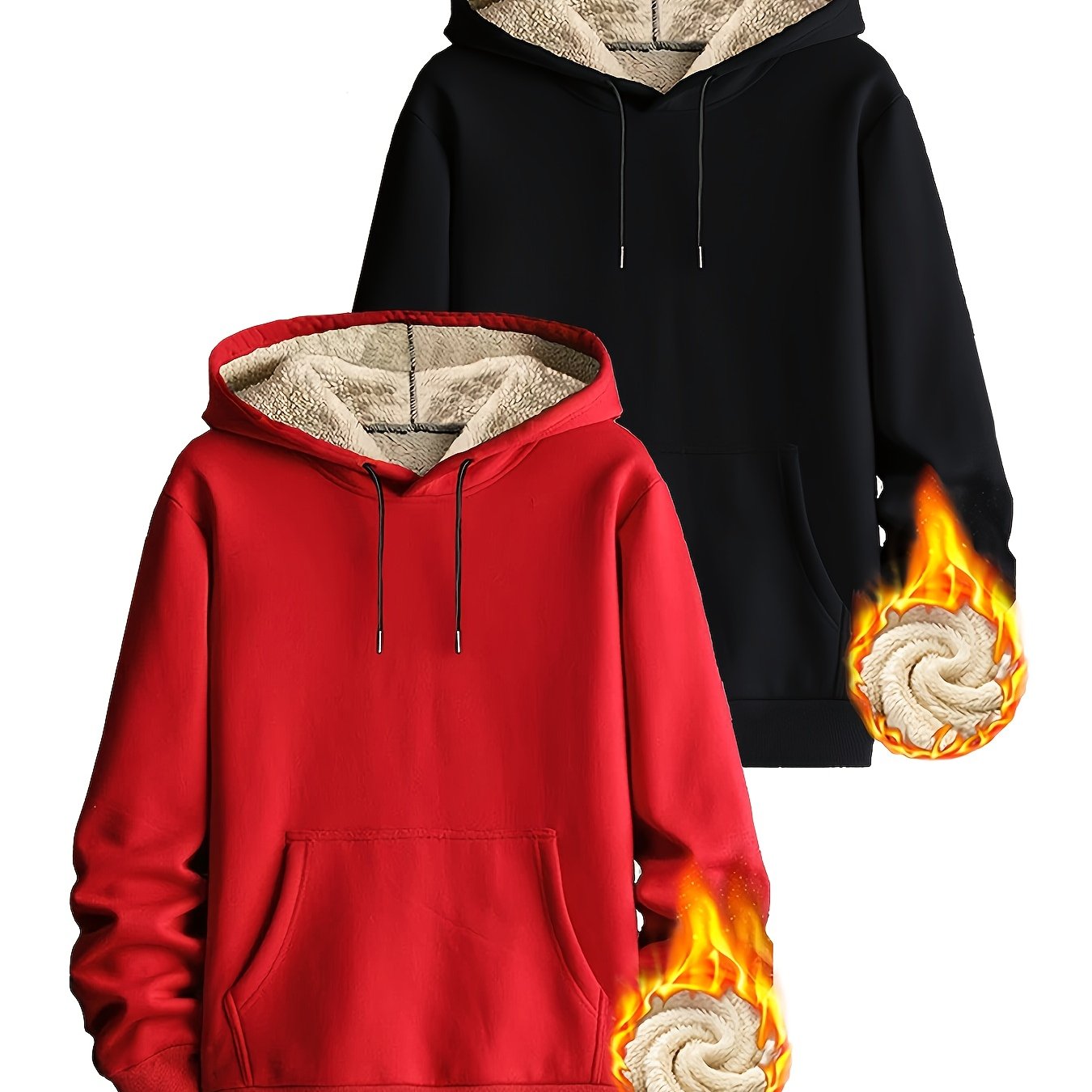 Pack de dos sudaderas con capucha forradas, en colores lisos y con bolsillo canguro – conjunto de sudaderas cálido
