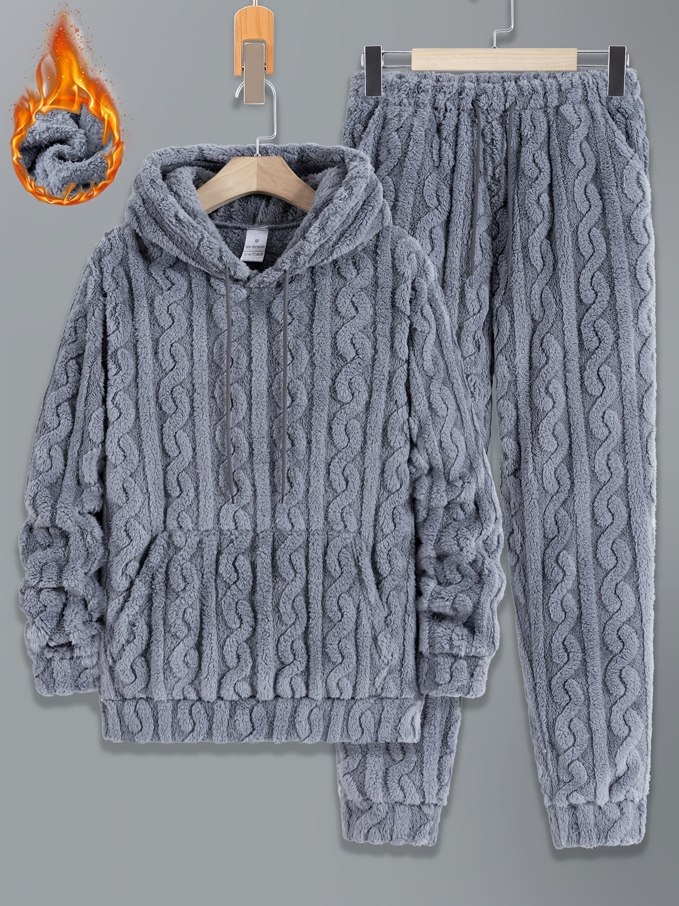 Herren Plüsch Loungewear Set mit Kapuzenpullover und Hose, Zopfmuster, Schwarz