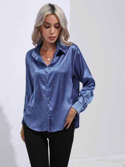 Damen Satinbluse im Cardigan-Stil – Elegante Bluse für Büro, Alltag & Feste