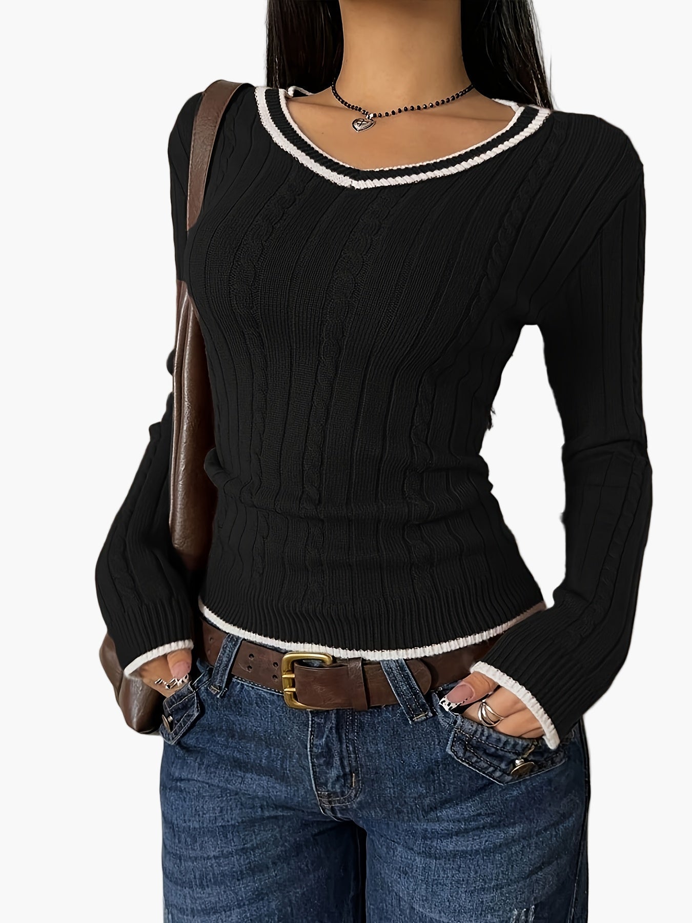 Jersey para mujer con escote en V, ajustado, casual y a la moda – ideal para día a día y ocio