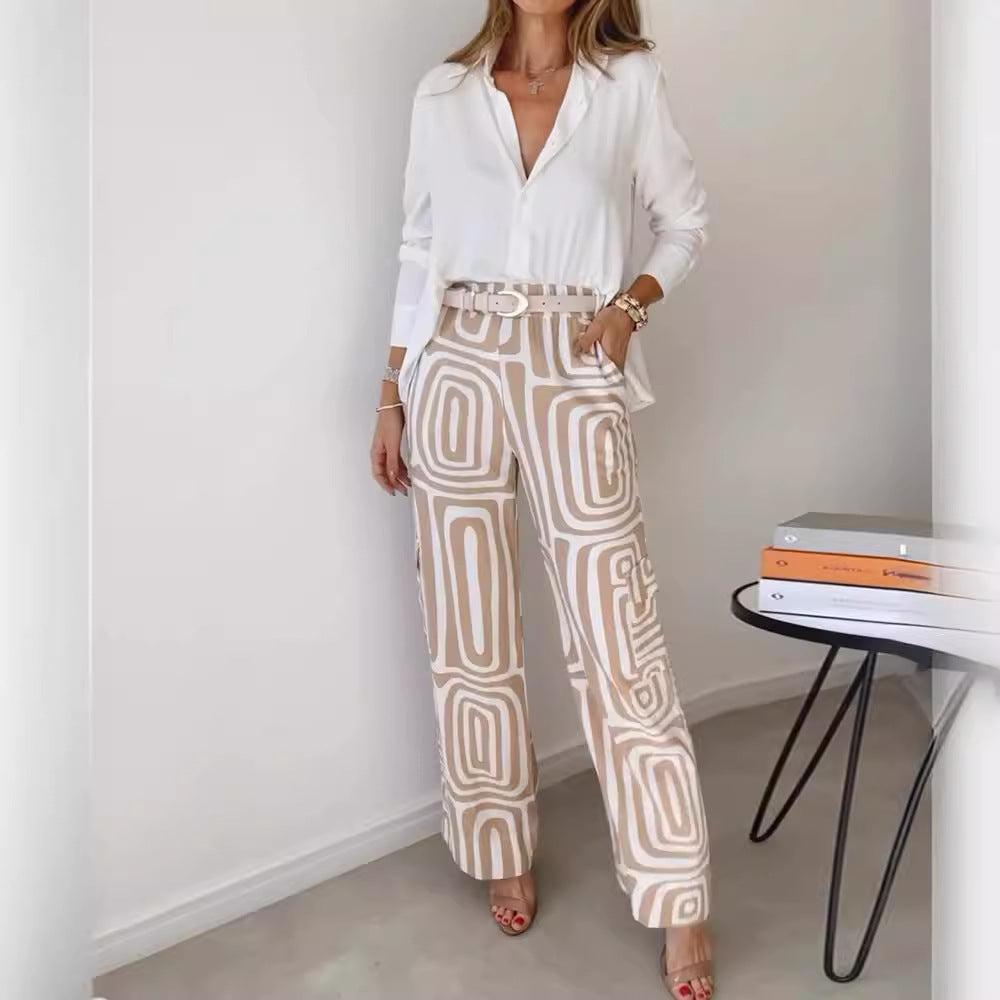 Shannon – Costume décontracté pour femme avec chemise à manches longues à col revers et pantalon à jambes larges