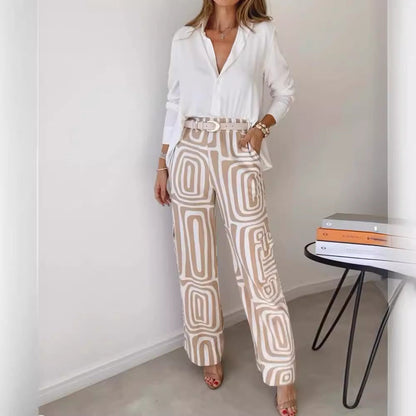 Shannon – Costume décontracté pour femme avec chemise à manches longues à col revers et pantalon à jambes larges