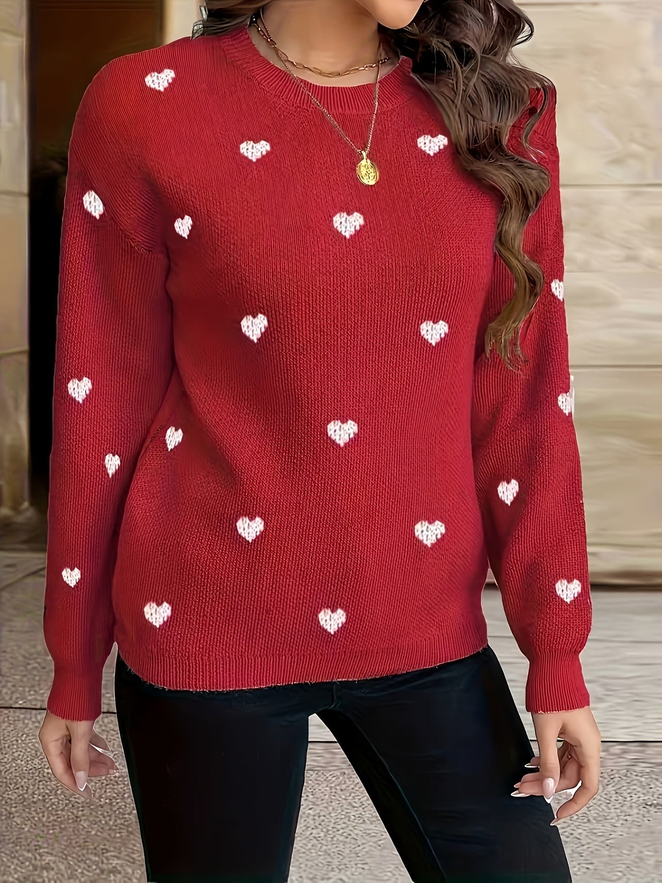Damen Strickpullover mit Herzmuster Rundhals Langarm
