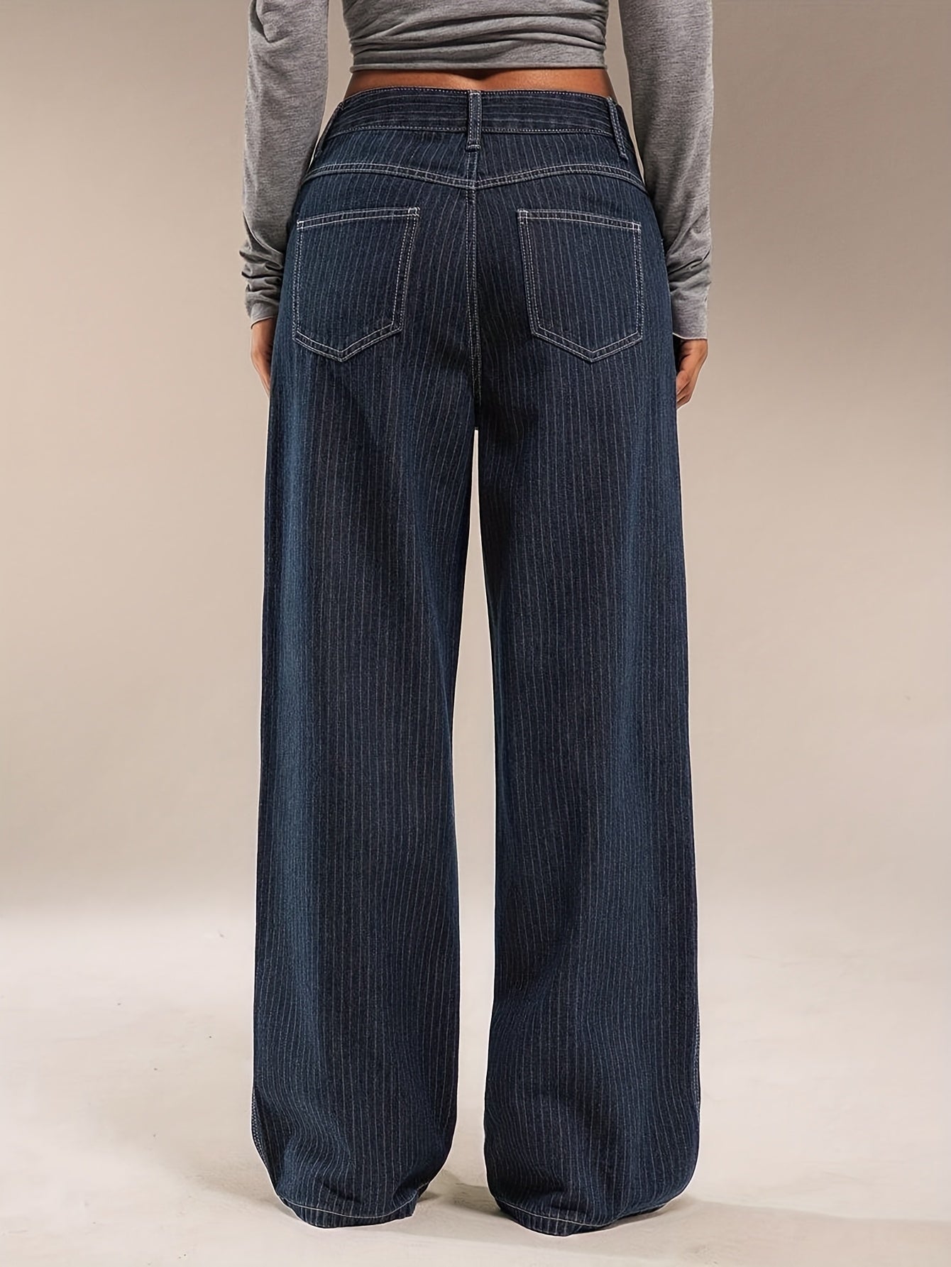 Jeans donna a gamba larga, gessato blu scuro