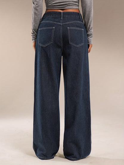 Jeans donna a gamba larga, gessato blu scuro