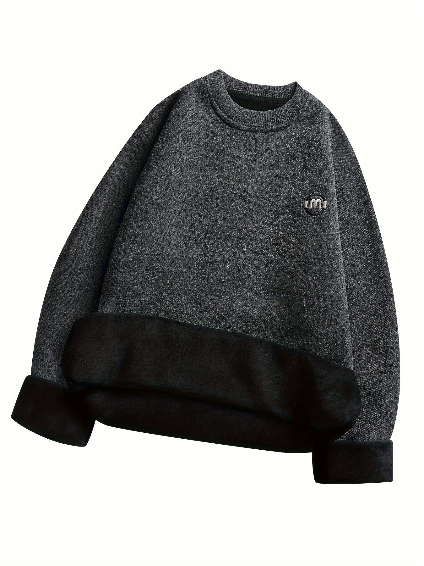 Unisex Winter Pullover Rundhals Grau meliert Warm gefüttert