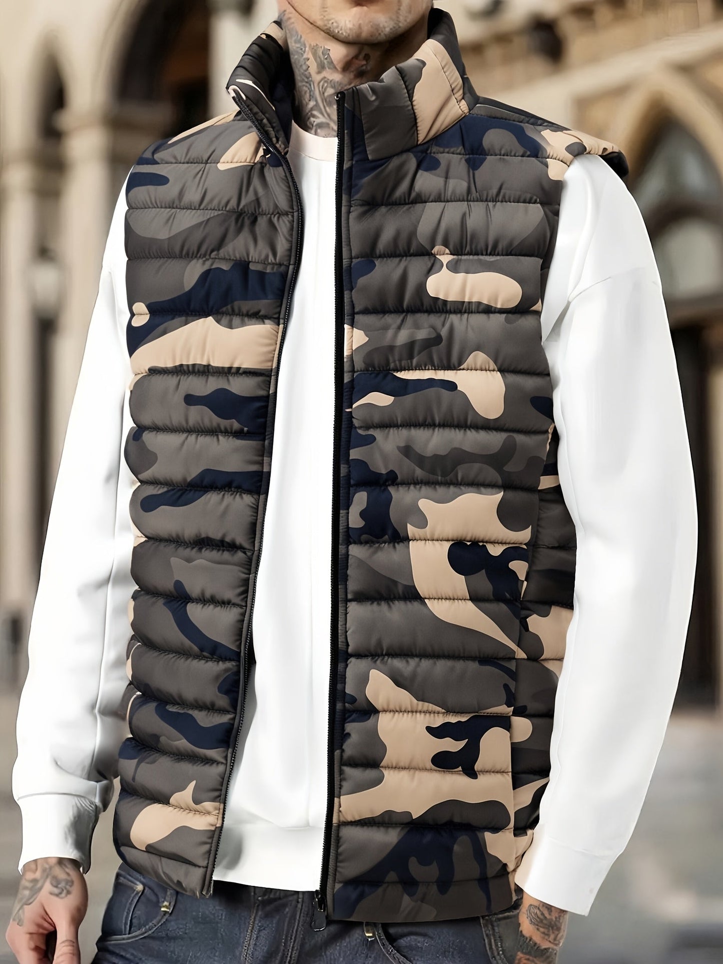 Herren Steppweste Camouflage Gemustert Stehkragen Reißverschluss
