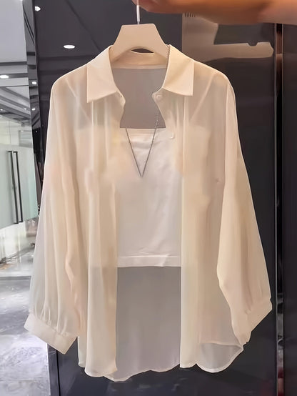 Damen Zweiteiliges Set – Transparentes Oversize-Hemd mit Bandeau Top, Modernes Layering-Outfit
