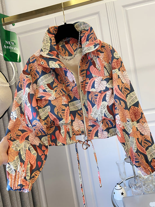 Veste courte pour femme avec fermeture éclair et motif de feuilles tropicales