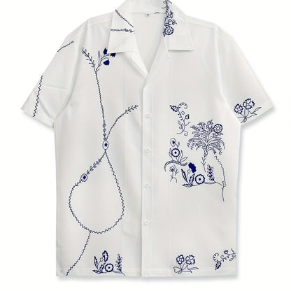 Camisa de manga corta para hombre estilo resort con bordado floral artístico – Estilo casual moderno
