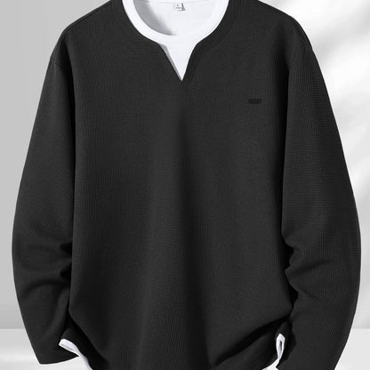 Suéter de punto de gofre para hombre, con escote en V, mangas largas y color liso
