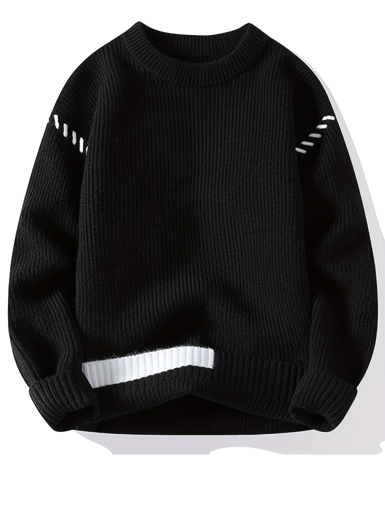 Unisex Strickpullover mit Rundhalsausschnitt und Kontraststreifen-Details, Langarm