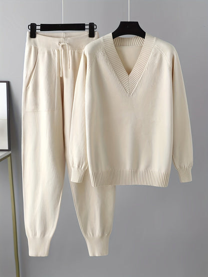 Set da donna in maglia con pullover con scollo a V e pantaloni da jogging