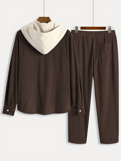 Conjunto de dos piezas para hombre con camisa tipo sudadera con capucha acanalada y pantalón jogger, traje informal