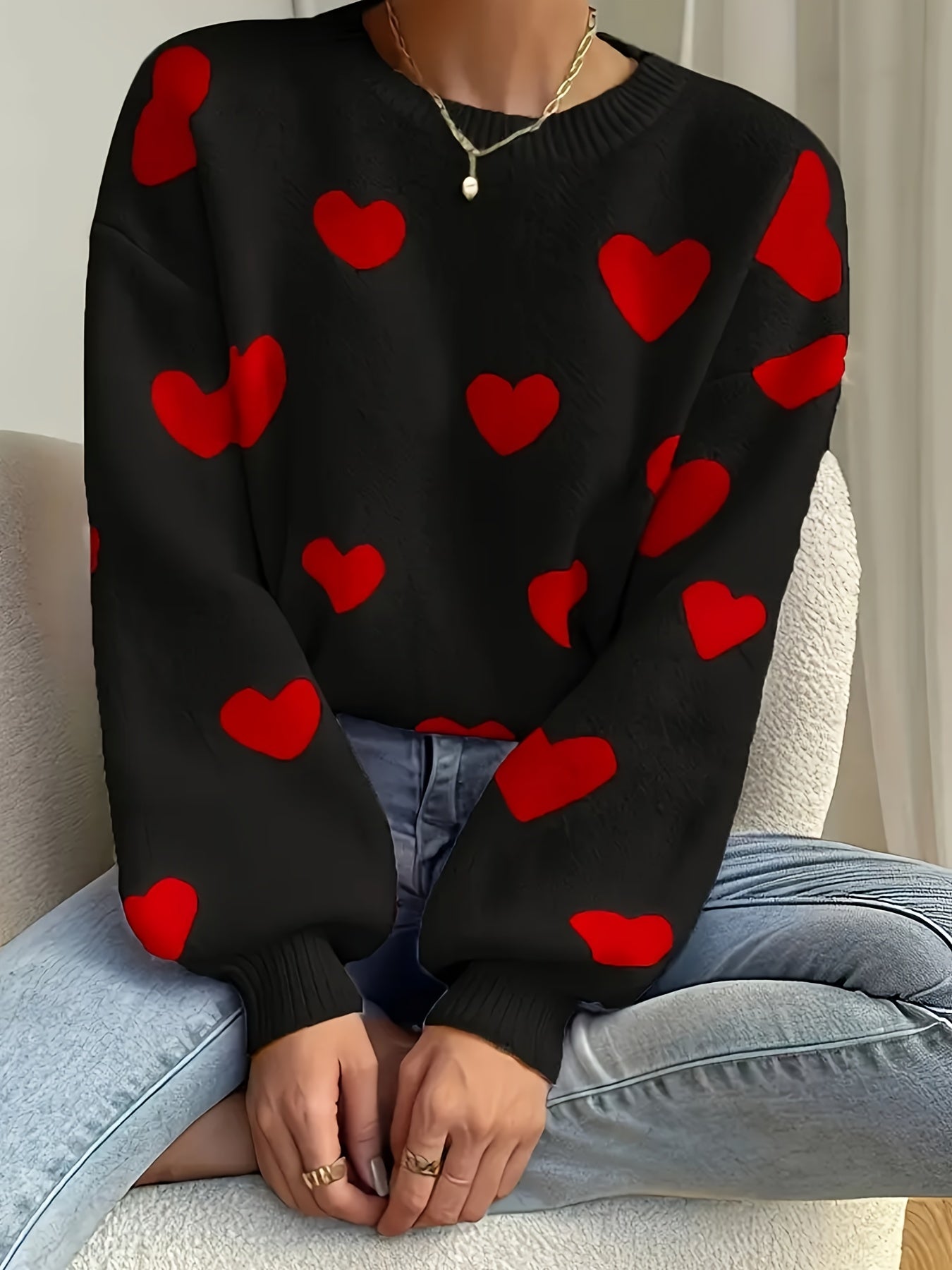 Maglione da donna lavorato a maglia, vestibilità morbida, motivo a cuore, girocollo, bianco e beige