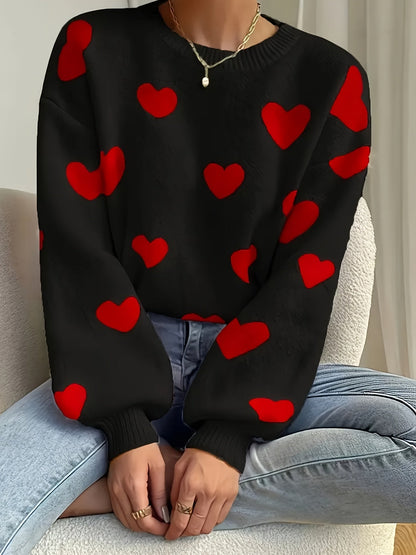 Maglione da donna lavorato a maglia, vestibilità morbida, motivo a cuore, girocollo, bianco e beige