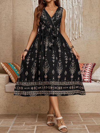 Damska sukienka maxi boho w kwiaty z paskiem w talii – elegancka letnia stylizacja na co dzień i na wakacje