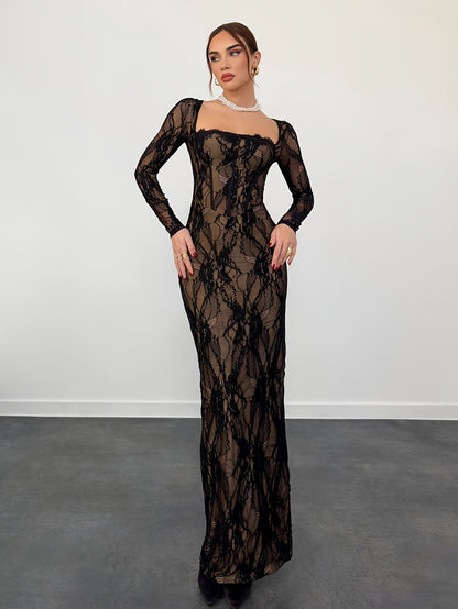 Robe de soirée élégante moulante pour femme avec dentelle et manches longues – Parfaite pour les occasions spéciales