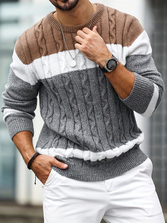 Herren Strickpullover Zopfmuster Colorblock Rundhals