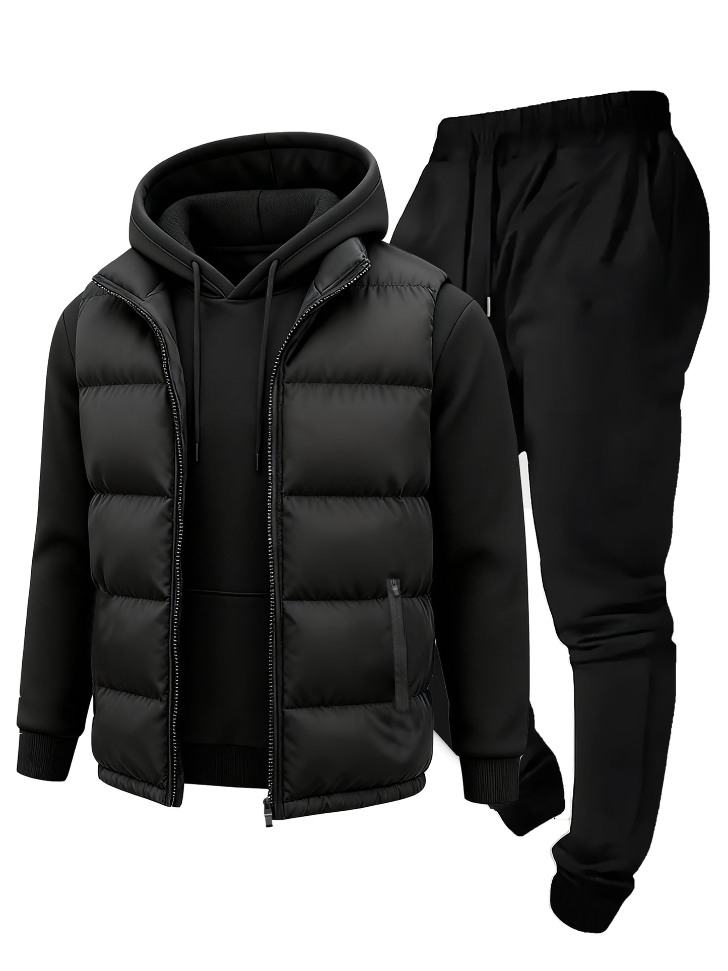 Herren Jogginganzug Set mit Hoodie, Hose und Weste, Schwarz