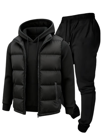 Herren Jogginganzug Set mit Hoodie, Hose und Weste, Schwarz