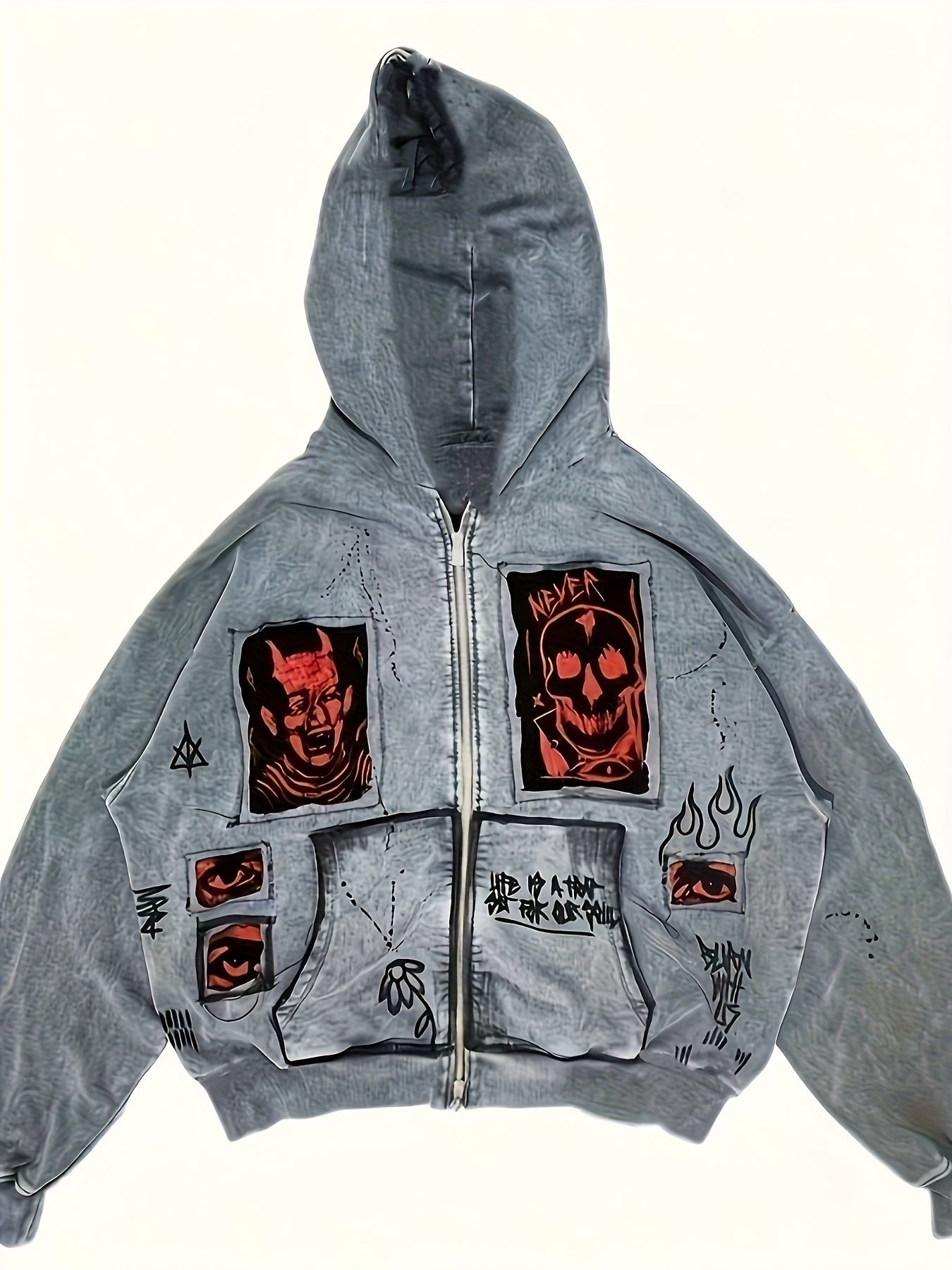 Hoodie mit Reißverschluss und Grafikprints, Grau