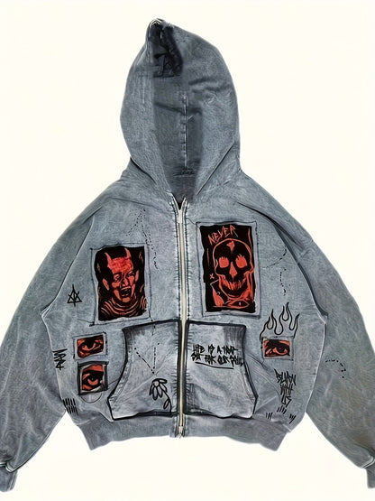 Hoodie mit Reißverschluss und Grafikprints, Grau