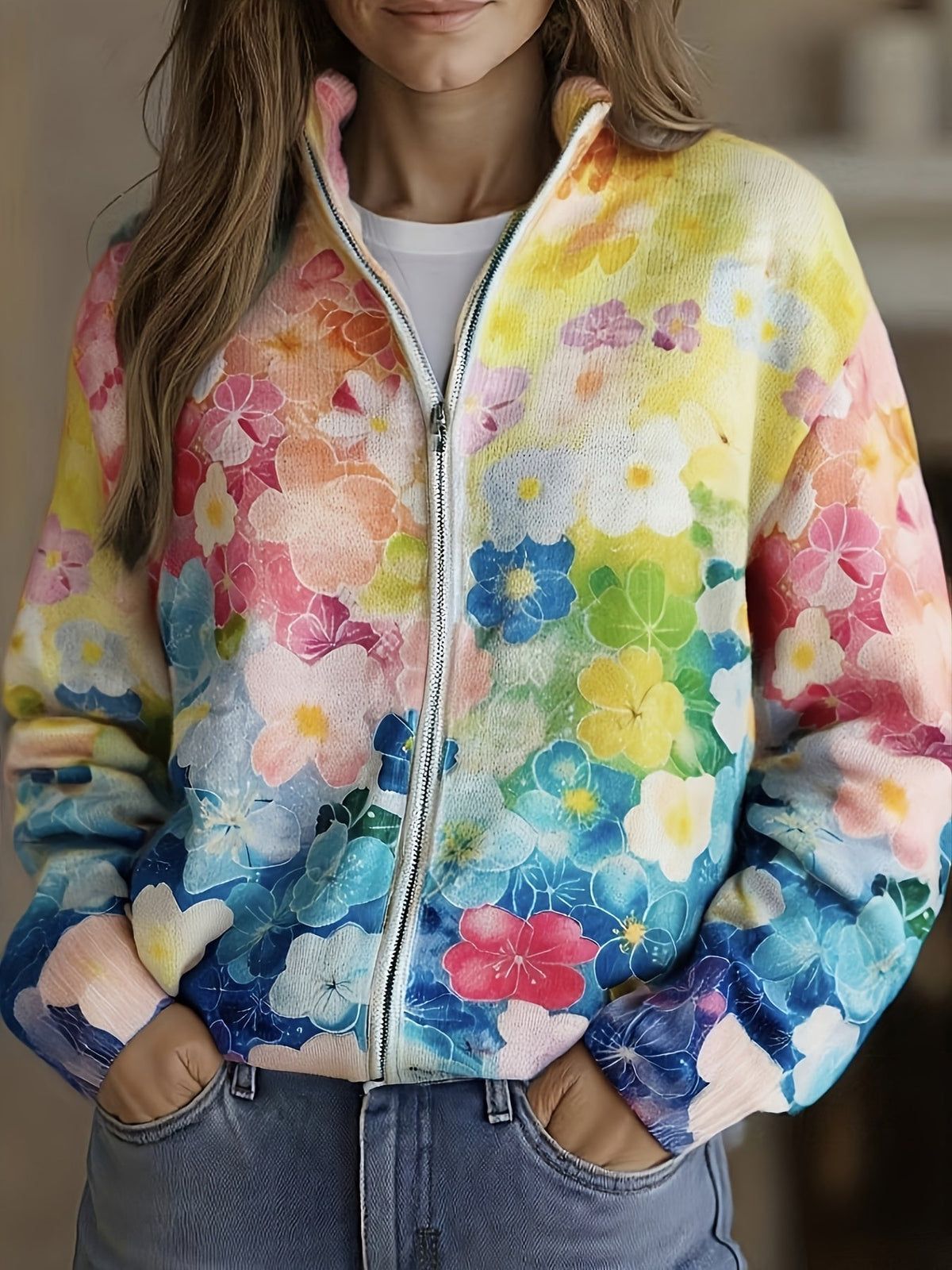 Augusta | Vest voor dames met aquarelbloemen en kleurverloop
