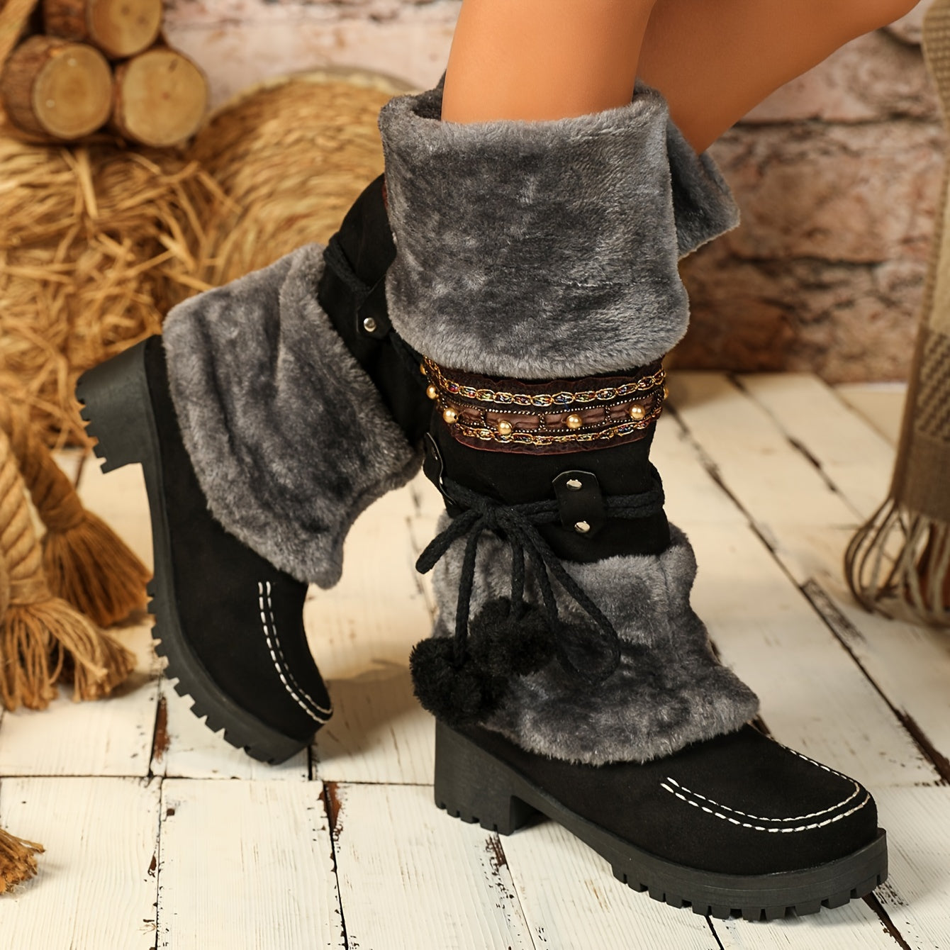 Damen Winterstiefel mit Kunstfell und Zierbändern, warmer gefütterter Schaft