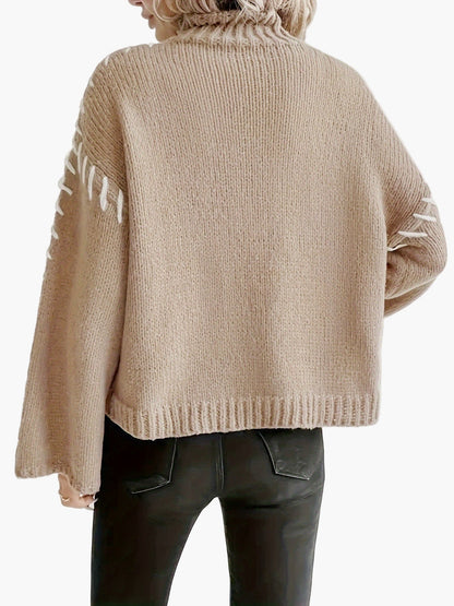 Pull en maille femme à manches larges et couture décorative, col roulé élégant automne/hiver