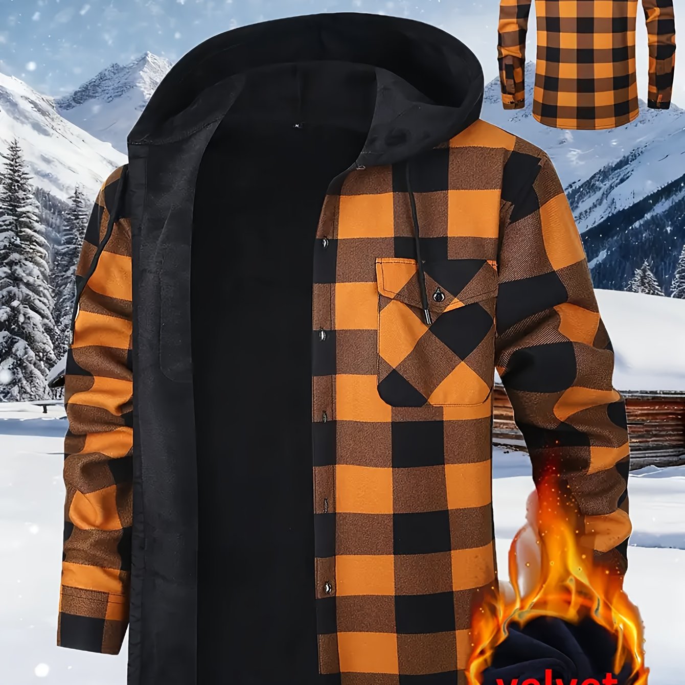 Giacca-camicia da uomo a quadri con cappuccio, imbottita e calda