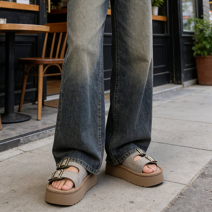 Sandalias de plataforma para mujer con doble correa y hebillas – Zapatos casuales de moda para el verano